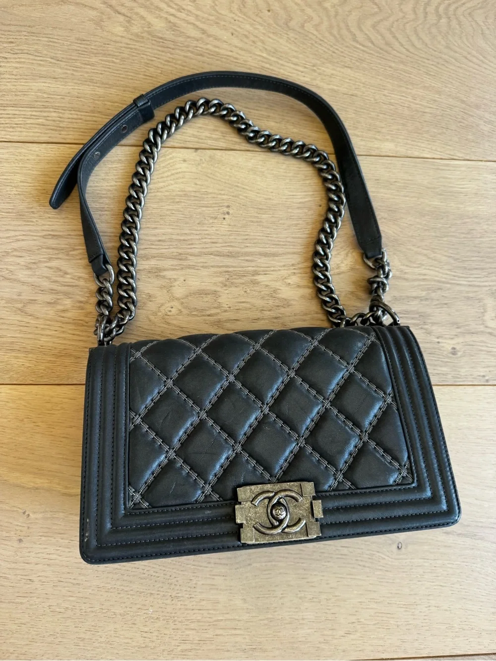 Chanel Boy Bag Medium Flap - 16A Charcoal Calfskin with Ruthenium Hardware